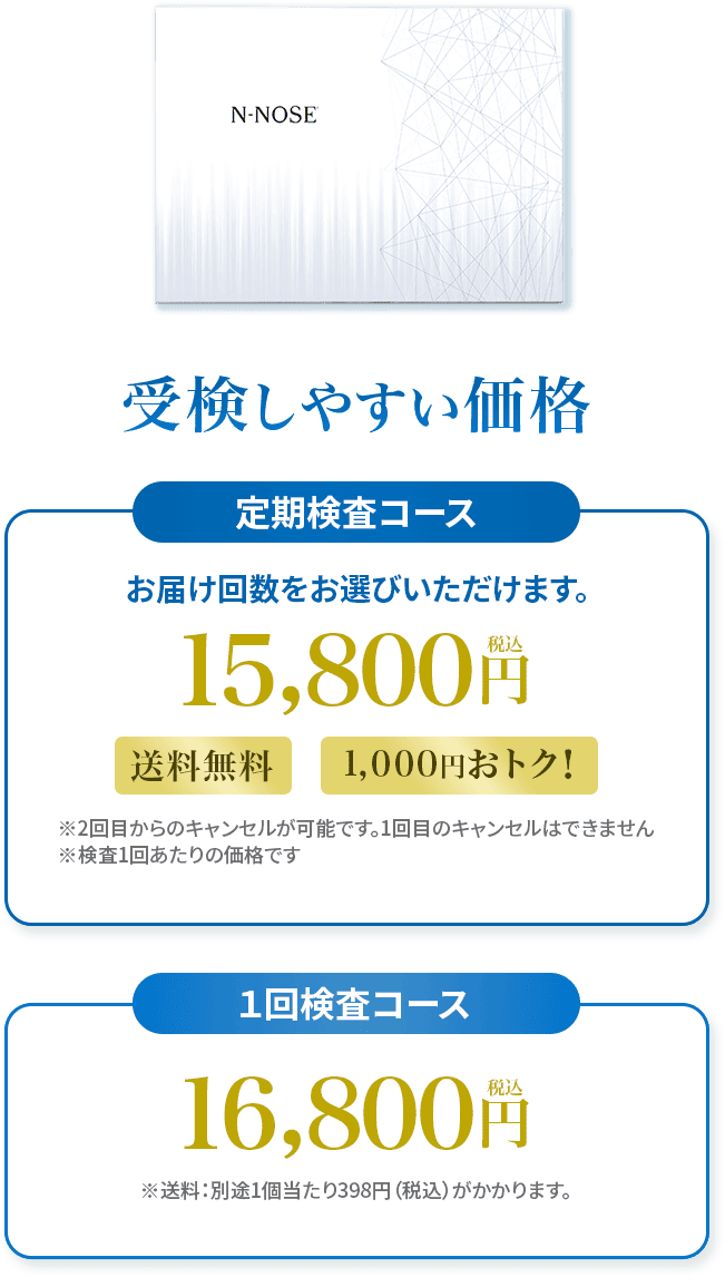 受検しやすい価格 定期検査コース15,800円税込、1回検査コース16,800円税込